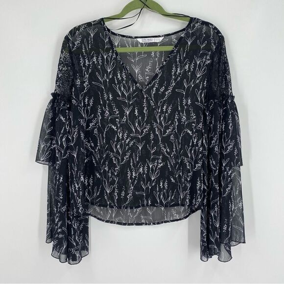 Zara Women’s V Neck Long Flared Sleeve Sheer Floral Blouse size M - Picture 1 of 4